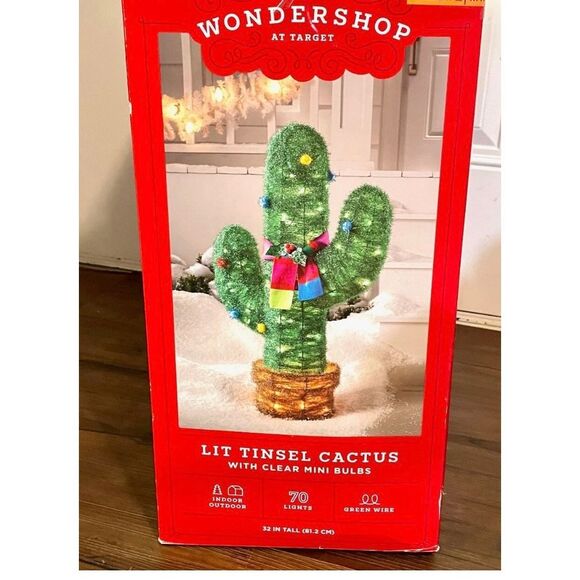 Wondershop Lit Tinsel CACTUS 32” Tall Indoor Outdoor w/scarf & box Christmas - Picture 1 of 6